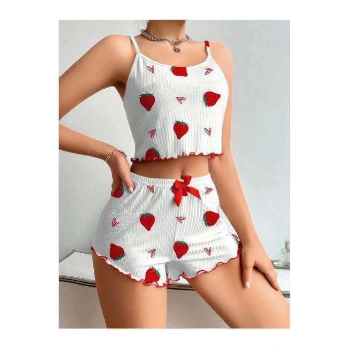 VipMarketim Penye Kumaş Çilek Desen Beyaz Şortlu Takım