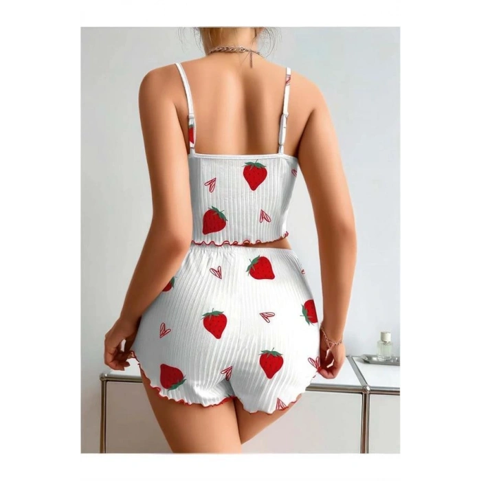 VipMarketim  Penye Kumaş Çilek Desen Beyaz Şortlu Takım