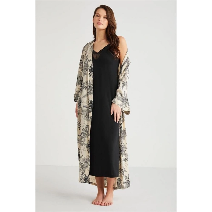 VipMarketim Penye Mood %100  Viskon Çiçek Desen 2li Sabahlık Gecelik Takımı