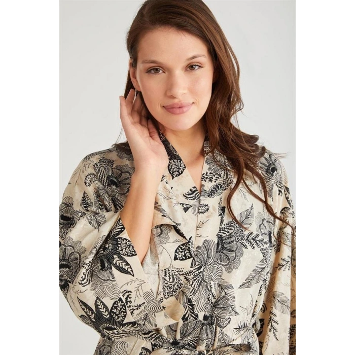 VipMarketim Penye Mood %100  Viskon Çiçek Desen 2li Sabahlık Gecelik Takımı