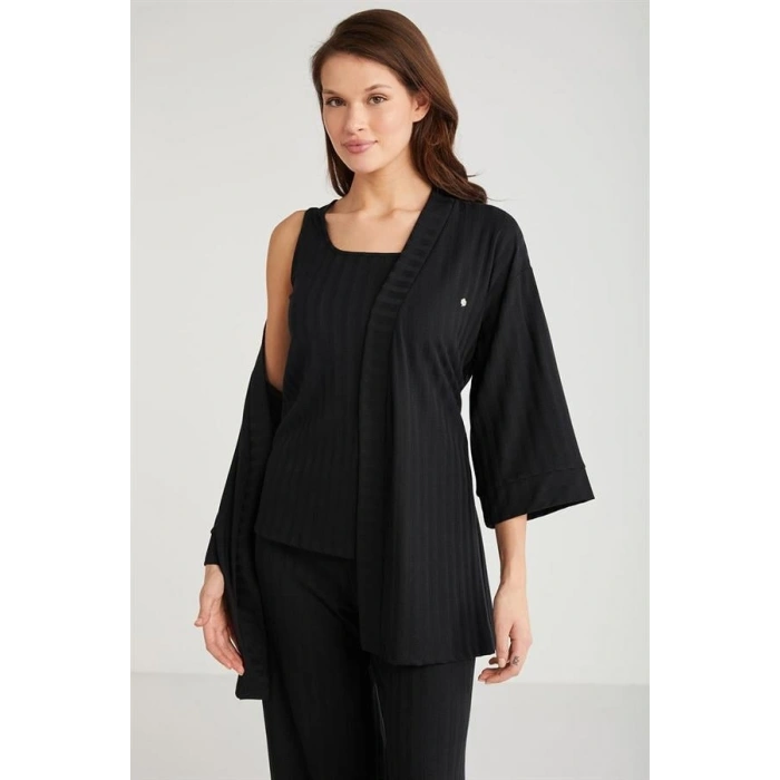 VipMarketim Penye Mood 3lü Kısa Kol Sabahlık Pijama Takımı