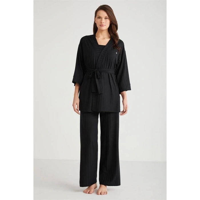 VipMarketim Penye Mood 3lü Kısa Kol Sabahlık Pijama Takımı