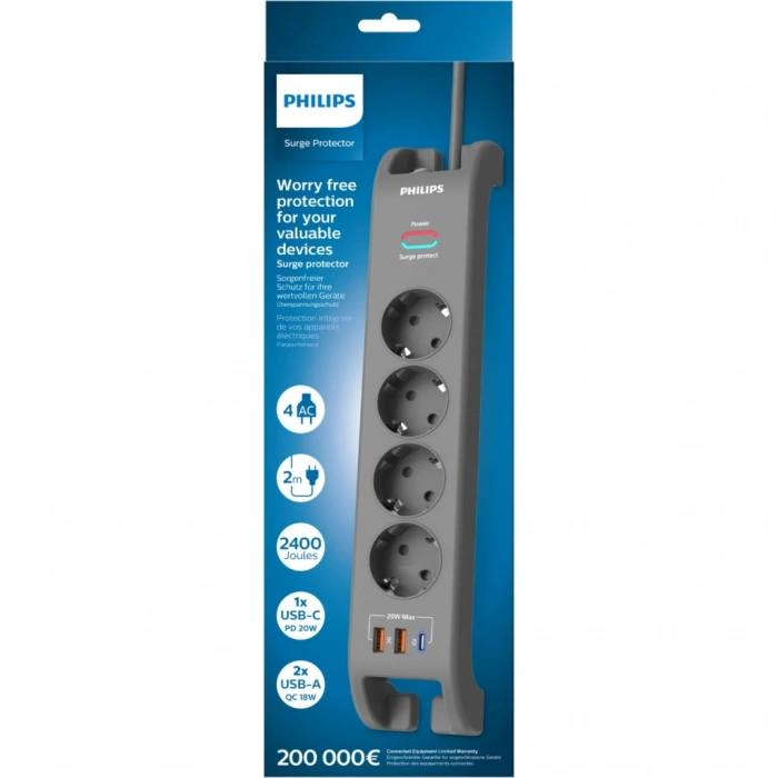 VipMarketim PHILIPS SPN4140GA/62 4 Soket Akım Korumalı Priz 2400 Joules 2Mt Kablo 1xUsb-C PD 20W Hızlı Şarj 2xUsb-A QC 18W (Gri)(1923)