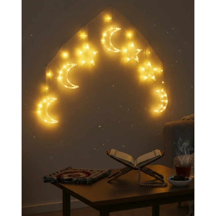 VipMarketim Pilli Ay Yıldız LED Perde Işık Ev ve Organizasyon Dekoru