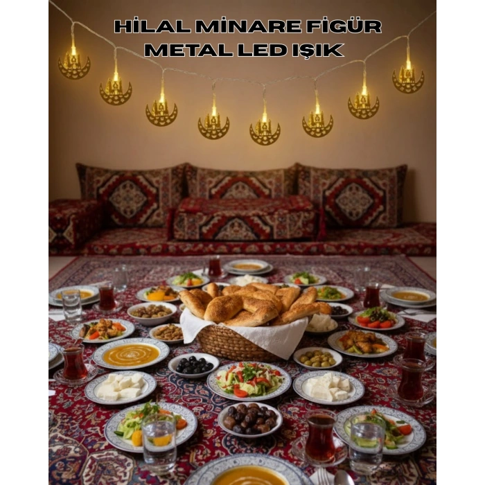 VipMarketim Pilli Minareli Hilal LED Işık Gold Metal Ramazan Dekorasyonu