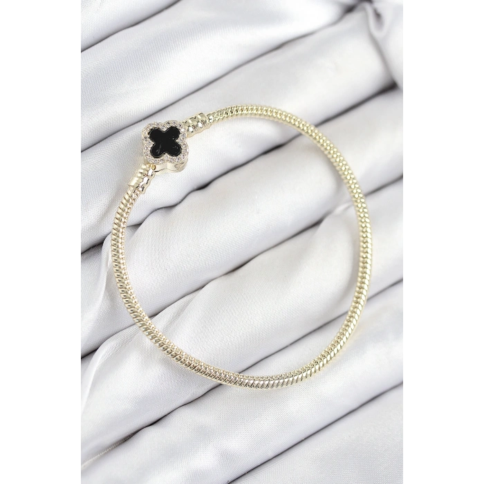 VipMarketim Pirinç Charm Zirkon Taşlı Yonca Model Gold Renk Kadın Bileklik 5886