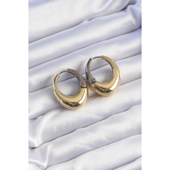 VipMarketim Pirinç Gold Gümüş Renkli Oval Bombeli Küpe 5886