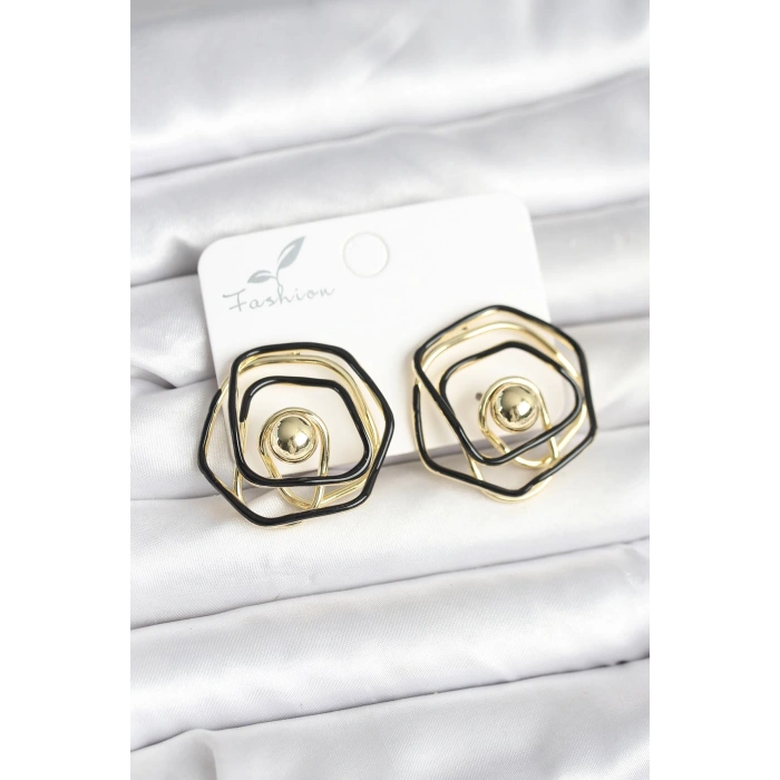 VipMarketim Pirinç Gold Renk Siyah Mineli Geometrik Gül Model Kadın Küpe 5886