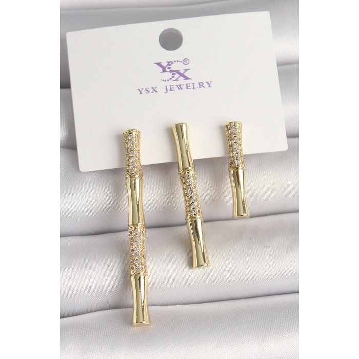VipMarketim Pirinç Gold Renk Zirkon Taşlı Bambu Model 3Lü Kadın Kombin Küpe 5886