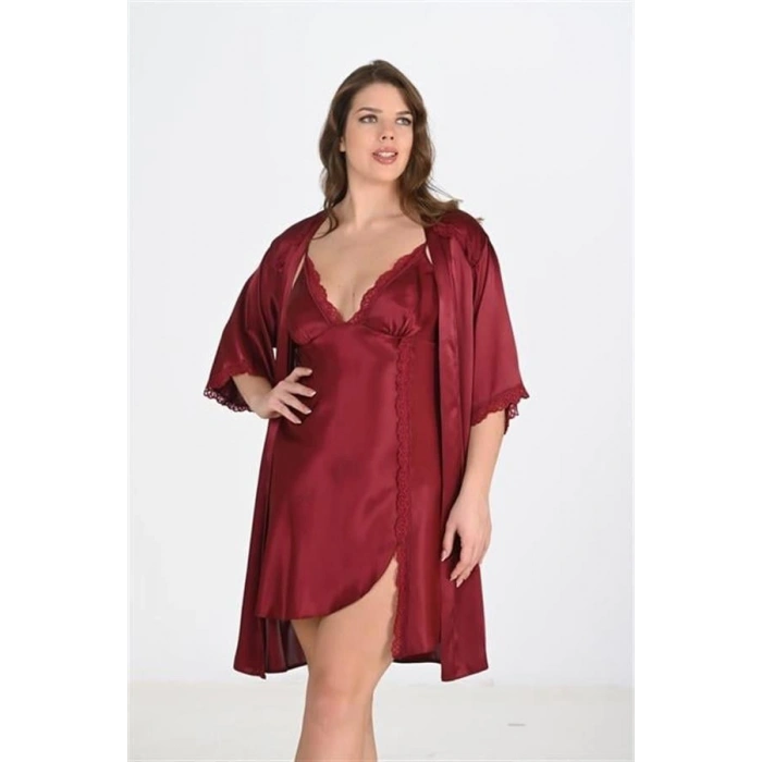 VipMarketim Premium Büyük Beden Saten Dantel İşlemeli Bordo 2Li Gecelik Sabahlık Takımı Bigsize