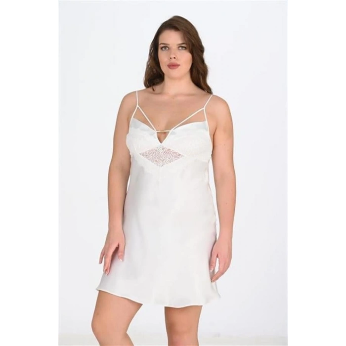 VipMarketim  Premium Büyük Beden Saten Dantel İşlemeli Ekru Gecelik Bigsize