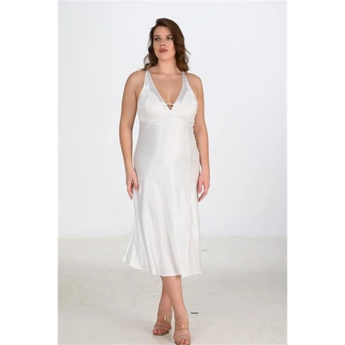 VipMarketim Premium Büyük Beden Saten Dantel İşlemeli Ekru Uzun Yırtmaçlı 2Li Gecelik Sabahlık Takımı Bigsize