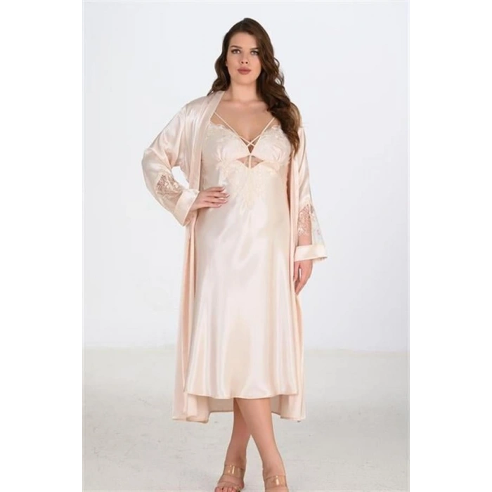 Vipmarketim Premium Büyük Beden Saten Dantel İşlemeli Fil Dişi Uzun 2li Gecelik Sabahlık Takımı Bigsize