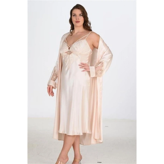 VipMarketim Premium Büyük Beden Saten Dantel İşlemeli Fil Dişi Uzun 2Li Gecelik Sabahlık Takımı Bigsize