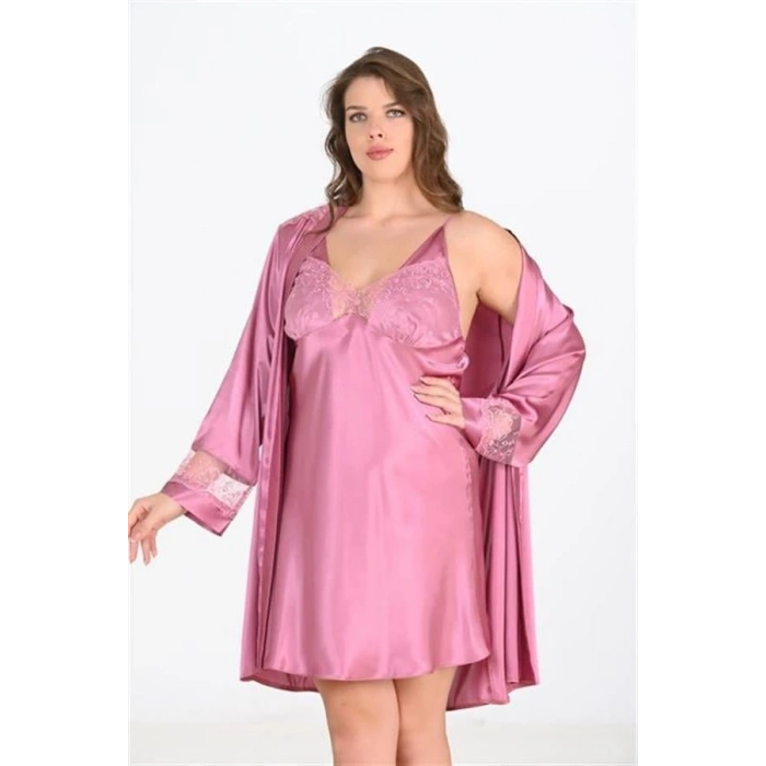 Vipmarketim Premium Büyük Beden Saten Dantel İşlemeli Gül Kurusu 2li Gecelik Sabahlık Takımı Bigsize