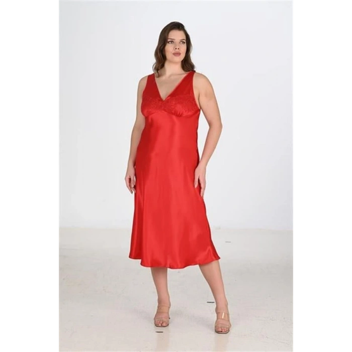 Vipmarketim Premium Büyük Beden Saten Dantel İşlemeli Kırmızı 2li Gecelik Sabahlık Takımı Bigsize
