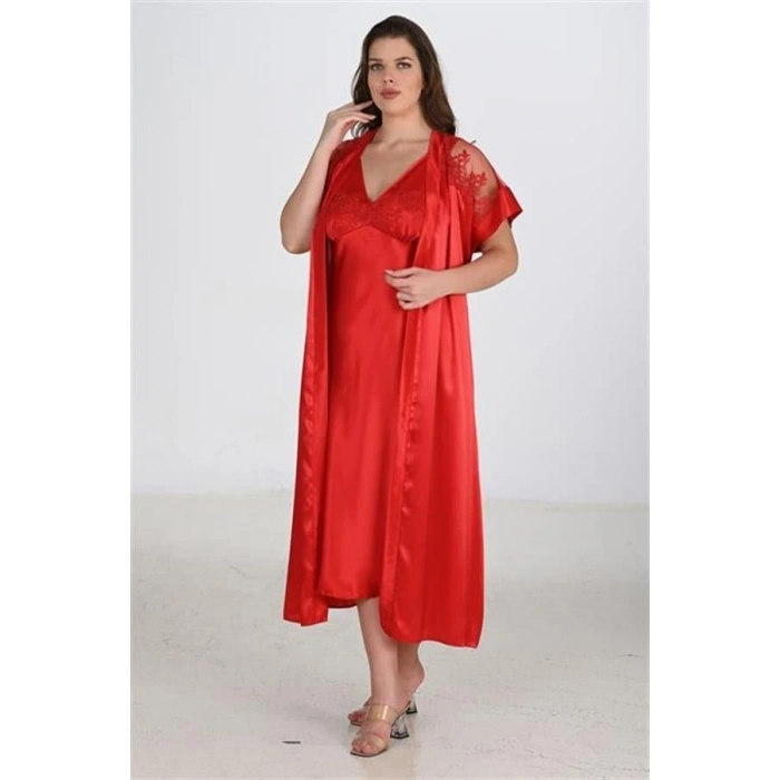 VipMarketim Premium Büyük Beden Saten Dantel İşlemeli Kırmızı 2Li Gecelik Sabahlık Takımı Bigsize