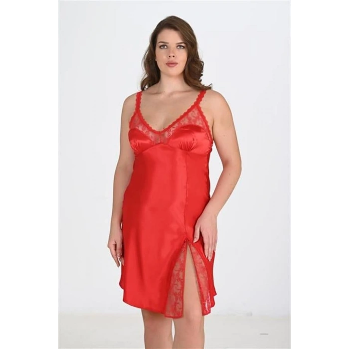 VipMarketim Premium Büyük Beden Saten Dantel İşlemeli Kırmızı Gecelik Bigsize