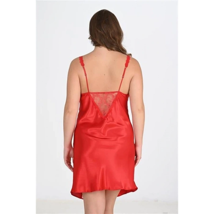 VipMarketim Premium Büyük Beden Saten Dantel İşlemeli Kırmızı Gecelik Bigsize