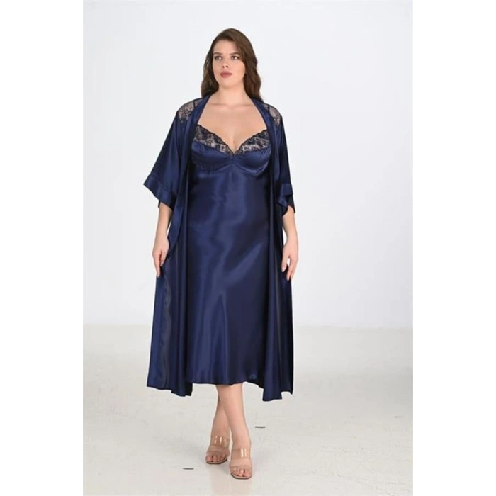 VipMarketim Premium Büyük Beden Saten Dantel İşlemeli Lacivert Uzun 2Li Gecelik Sabahlık Takımı Bigsize