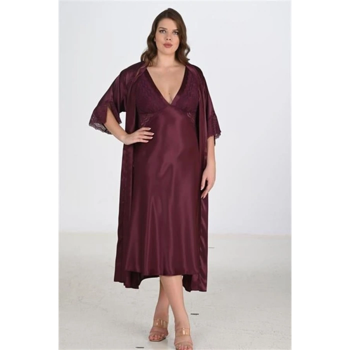 Vipmarketim Premium Büyük Beden Saten Dantel İşlemeli Mürdüm Uzun 2li Gecelik Sabahlık Takımı Bigsize