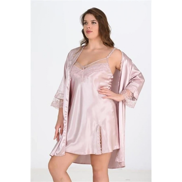 VipMarketim Premium Büyük Beden Saten Dantel İşlemeli Pudra 2Li Gecelik Sabahlık Takımı Bigsize