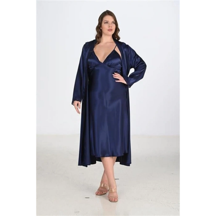 Vipmarketim Premium Büyük Beden Saten Lacivert Uzun 2li Gecelik Sabahlık Takımı Bigsize