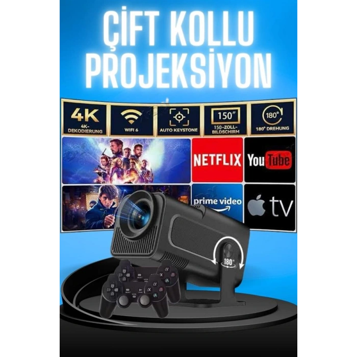 VipMarketim Projektör Siyah Android Taşınabilir Sinema Projeksiyon Wifi Destekli En Güncel Sürüm Akıllı