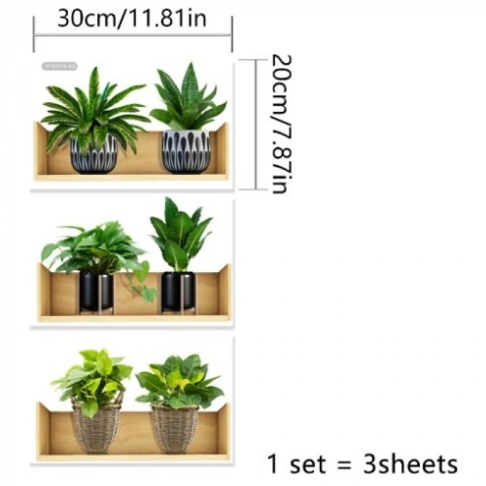 VipMarketim Raflı Bitki Tasarımlı Yapışkanlı Sticker 20*30 cm 3lü Set MC-663