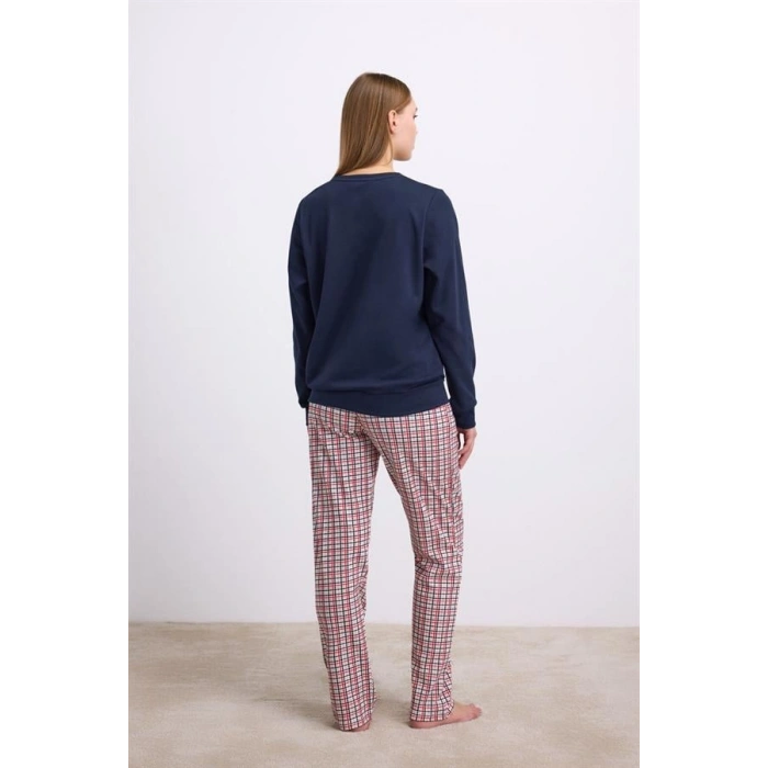 VipMarketim Rahat Ve Şık %100 Pamuklu Uzun Kol Sweatshirt Ve Ekose Pantolon Pijama Takımı