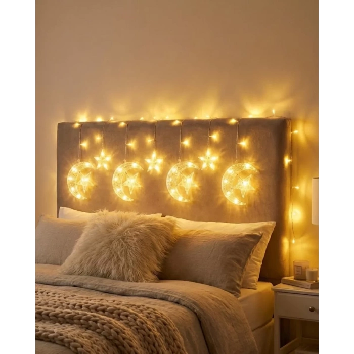 VipMarketim Ramazan İçin Hilal Yıldız Işık Zinciri Yanıp Sönen ve Sabit Modlu