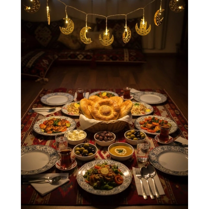 VipMarketim Ramazan Minare Detaylı Hilal LED Işık Günışığı Sarı Metal Süs