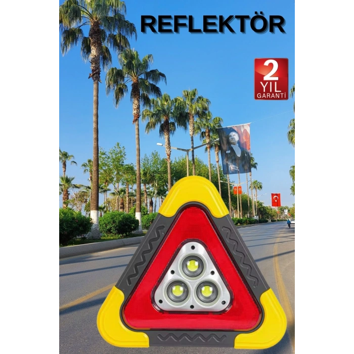 VipMarketim Reflektör Güneş Panelli Solarlı Şarjlı Üçgen Işıklı Trafik Reflektör Fener