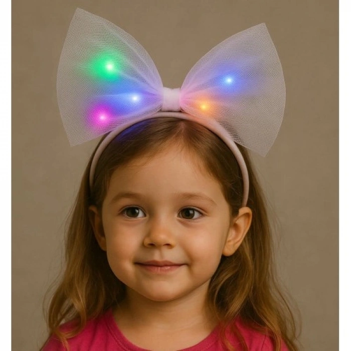 VipMarketim Rengarenk Led Işıklı Fiyonk Şekilli Tül Parti Tacı Beyaz Renk 25x25 cm