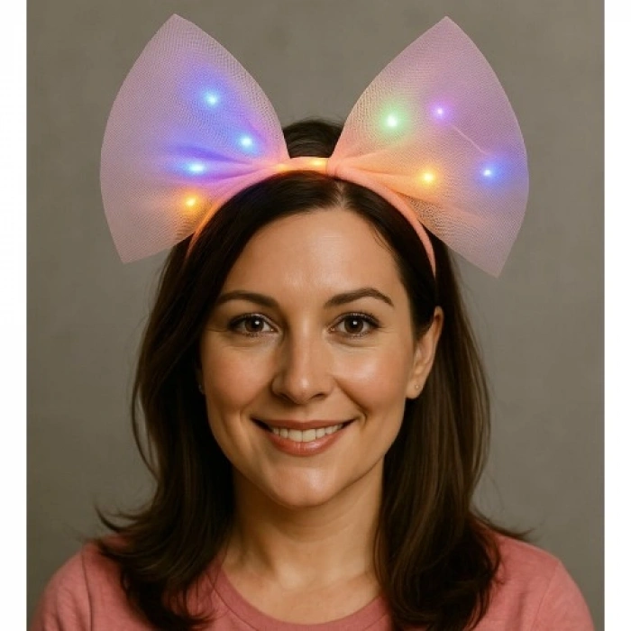 VipMarketim Rengarenk Led Işıklı Fiyonk Şekilli Tül Parti Tacı Pembe Renk 25x25 cm