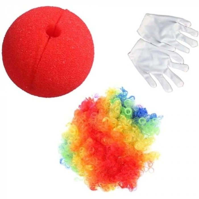 VipMarketim Rengarenk Palyaço Peruk Beyaz Eldiven Kırmızı Sünger Burun Palyaço Seti 3 Parça