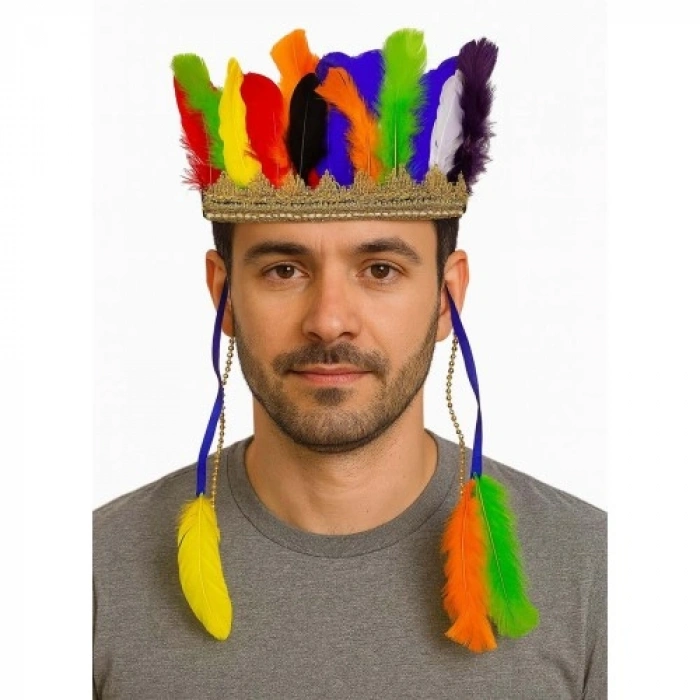 VipMarketim Rengarenk Tüylerle İşlenmiş Lastikli Kızılderili Başlığı