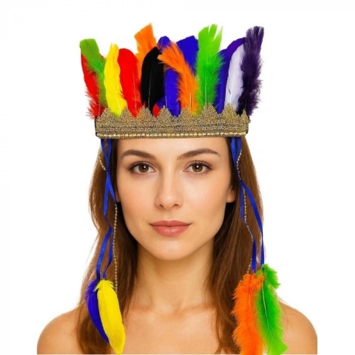 VipMarketim Rengarenk Tüylerle İşlenmiş Lastikli Kızılderili Başlığı