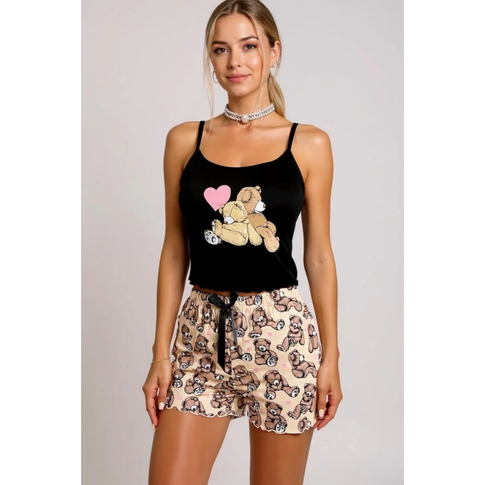 VipMarketim Renkli Ayıcık Desenli Askılı Şortlu Kadın Pijama Takımı