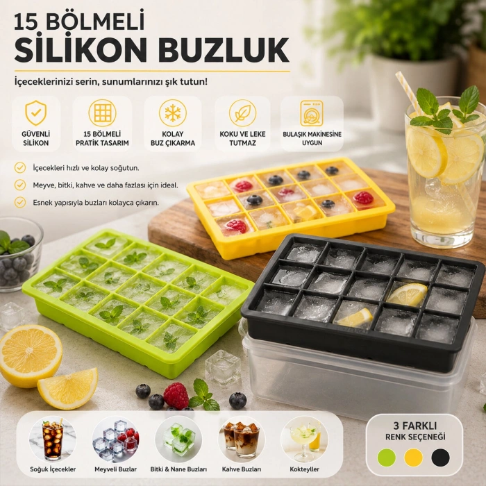 VipMarketim Renkli Pratik Buz Kalıbı - 15 Bölmeli - Silikon