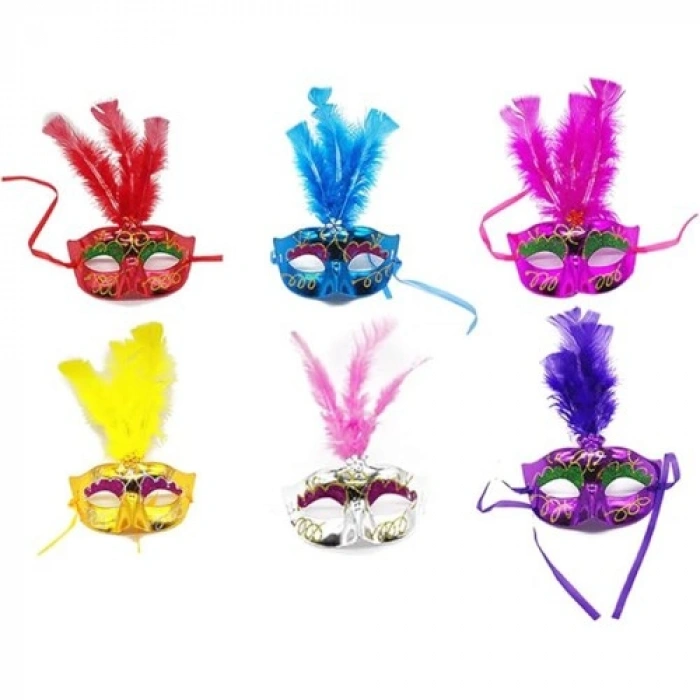 VipMarketim Renkli Tüylü Venedik Parti Maskesi Karışık Renk 12 Adet