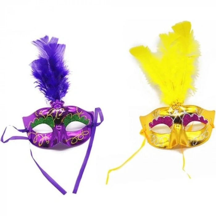 VipMarketim Renkli Tüylü Venedik Parti Maskesi Karışık Renk 12 Adet