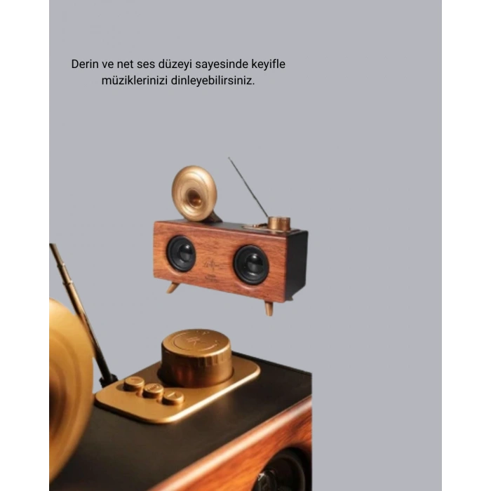 VipMarketim Retro Gramafon Bluetooth Hoparlör Çift Stereo Sesli FM Radyo Destekli