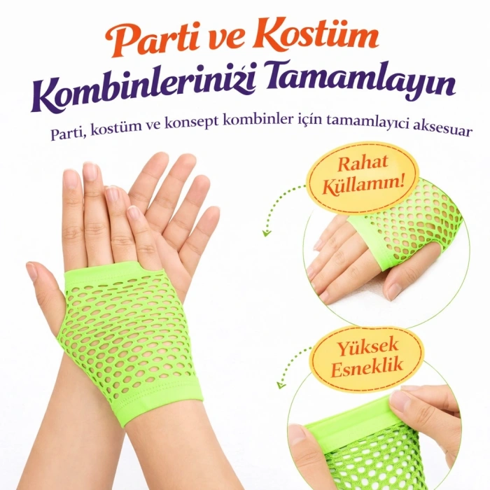 VipMarketim Retro Neon Yeşil File Parmaksız Kısa Eldiven 11 cm