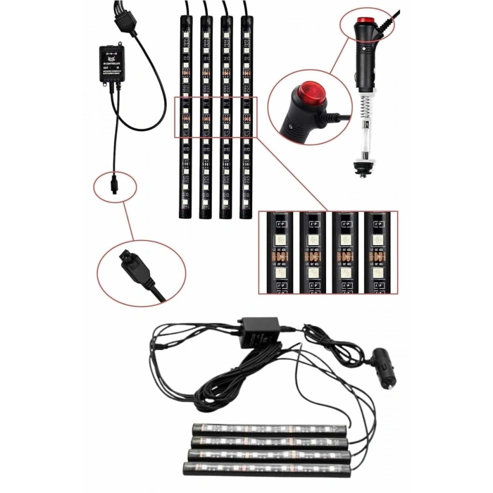 VipMarketim RGB Işıklı Araç İçi Aydınlatma Kumandalı 12li Led Işık Renk Değiştirebilen