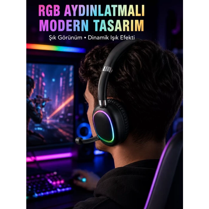 VipMarketim RGB Işıklı Bluetooth Mikrofonlu Kulaklık Uzun Süreli Kullanım Type-C Şarjlı