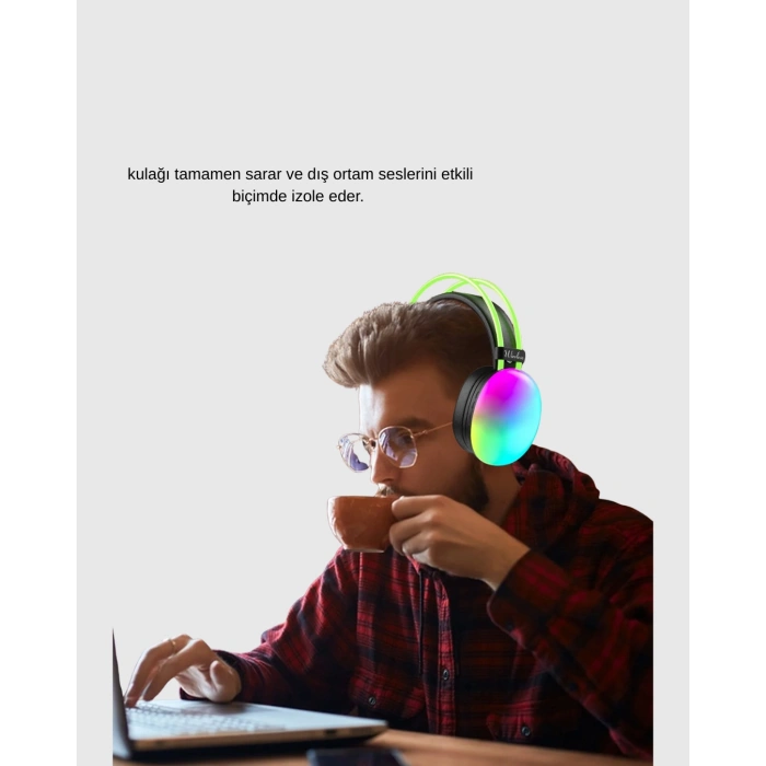 VipMarketim RGB Işıklı Kablosuz Kulaklık Bluetooth 5.3 800mAh Ergonomik IPX4 Dayanıklı