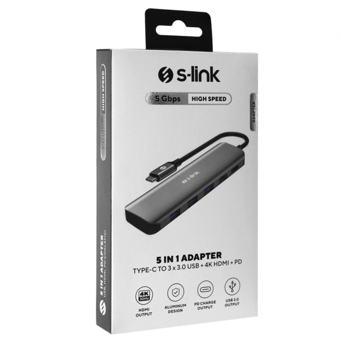 VipMarketim S-LINK SWV-USBC030 Type-C to HDMI 3xUSB3.0 1xPD Metal USB HUB ve Çevirici(1923)