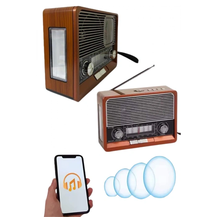 VipMarketim Saatli Fenerli Bluetooth Nostaljik Radyo AUX SD USB Girişli Bluetooth Hoparlör