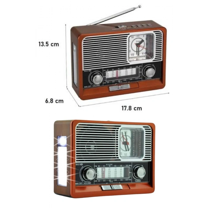 VipMarketim Saatli Fenerli Bluetooth Nostaljik Radyo AUX SD USB Girişli Bluetooth Hoparlör